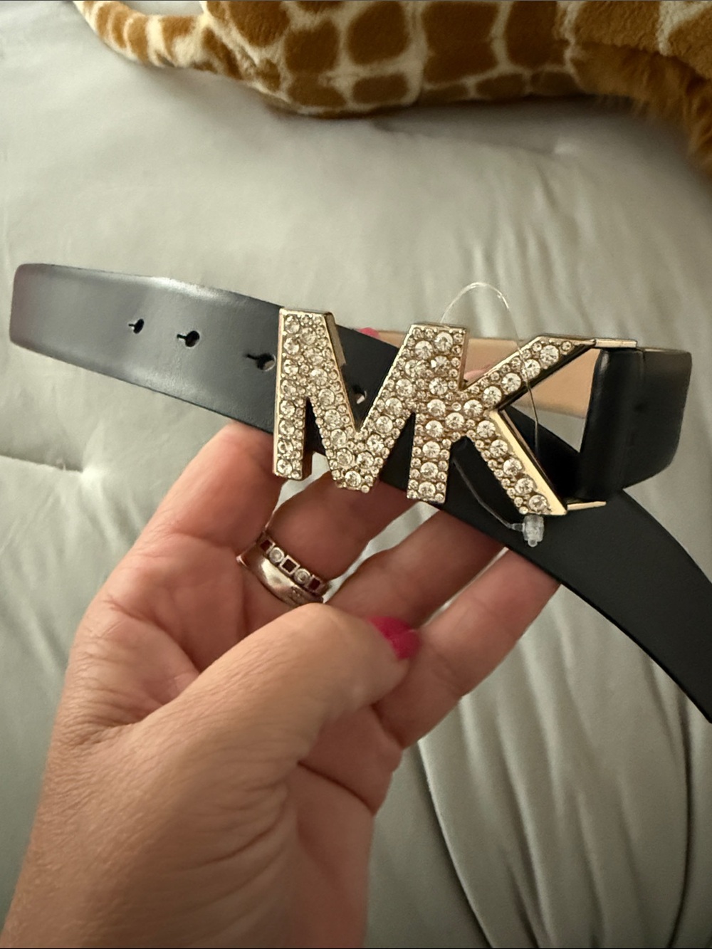 Michael Kors Black Leather Belt with Crystal MK Buckle